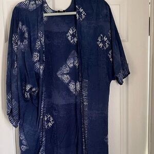 HINGE Viscose Cover Up Long Kimono Duster Blue White Batik Print Boho One Size